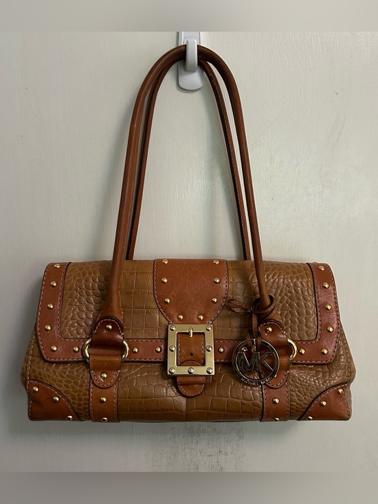Michael Kors Handbags - VTG Y2K Michael Kors Leather Bag Croc Embossed Studded Tan Gold Maximalist Bling